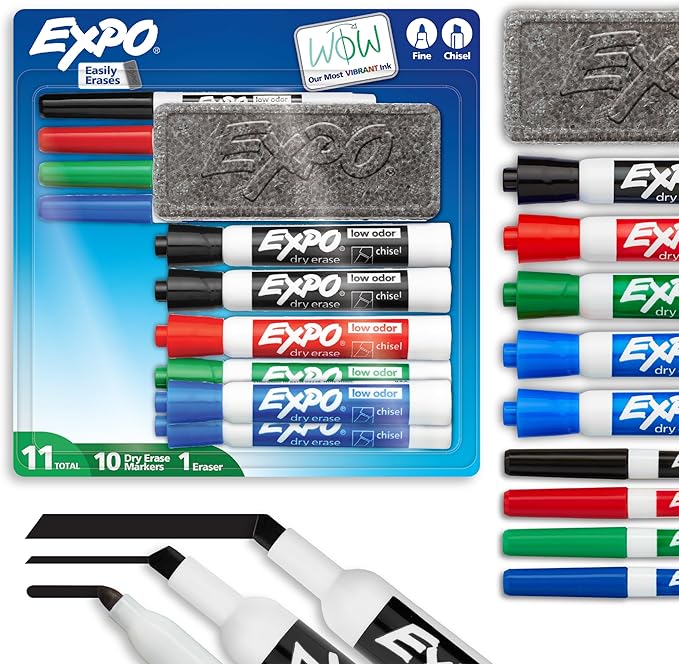 EXPO Dry Erase Markers Set Mixed Tip White Board Markers with White Board Eraser Assorted Colors 11 Count