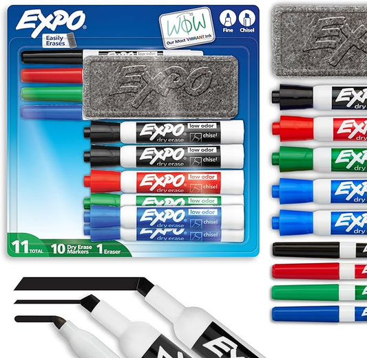 EXPO Dry Erase Markers Set Mixed Tip White Board Markers with White Board Eraser Assorted Colors 11 Count