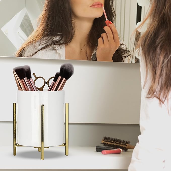 4.72" Gold Pen Holder Aesthetic Pencil Holder for Desk, Gold Desk Organizers and Accessories for Women Girls, Ceramic Pen Holder for Office