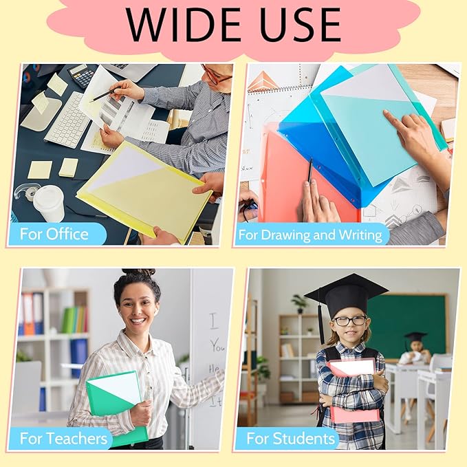 Maitys 50 Pack Binder Pockets 3 Hole Punch Clear Plastic Document Folders Binder Organizer Store Letter Size 8.5x11 Inch Paper Folders with Pockets Slash File Jacket for Office (Fresh Color)