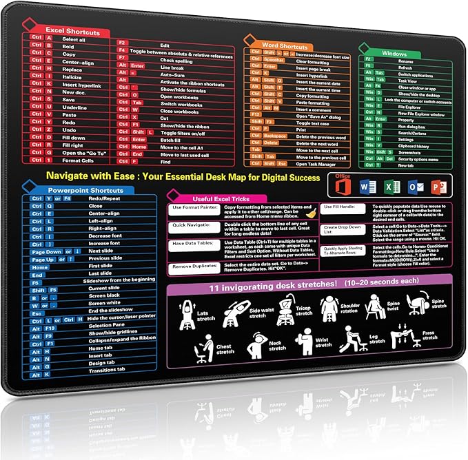 Excel Cheat Sheet Mouse Pad, Excel Shortcuts Desk Mat, Waterproof Keyboard Mousepad for Desk Office Work Computer Gaming Mouse Mat with Stitched Edges Anti-Slip (19.29"x16.53")