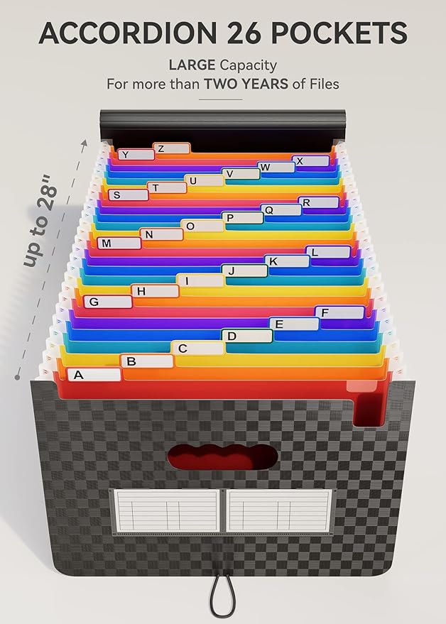 ABC life 26 Pockets Accordian File Organizer,Expanding File Folder/Portable A4 Letter Size Filling Box, Expandable Desktop Accordion Folder, Plastic Paper Document Coupon Organizer with Colored Label