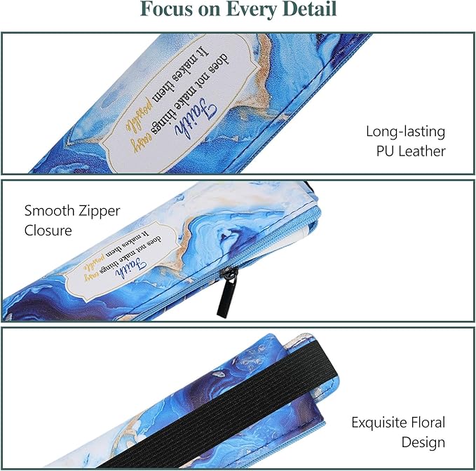 MoKo Elastic Pen Holder for Notebook, 4 Pieces PU Leather Pencil Case with Adjustable Band, Stationery School Supplies Zipper Bag for Planners, Journals, Book, Marble Patterns