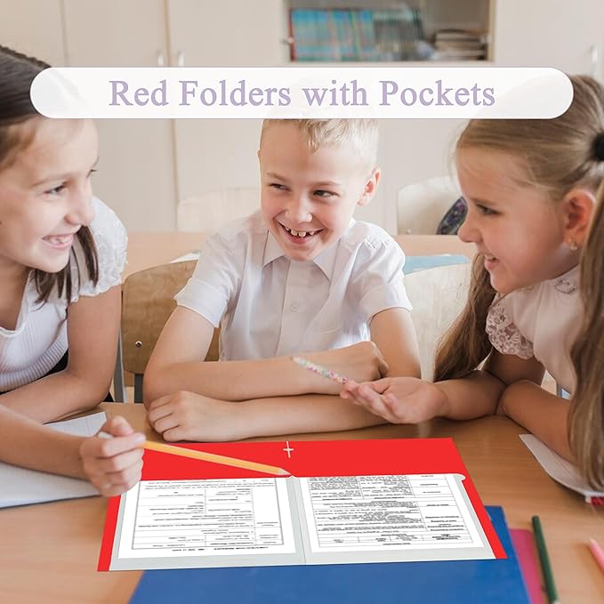 Zzrywuty File Folders with Pockets Letter Size, 25-Pack Paper Folders with Card Slot, Two Pocket Folders for School Students, Businessmen, Home and Office Workers（Red）