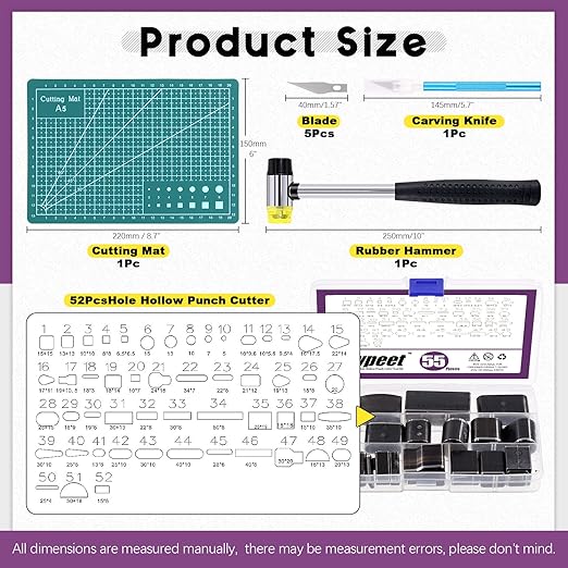 Swpeet 55Pcs Hollow Punch Cutter Tool and Cutting Pad with Craft Knife and Hammer Assortment Kit, Hole Hollow Punch Cutter Set Leather Cutting Tools Punching Handmade Cutting Tool with Case