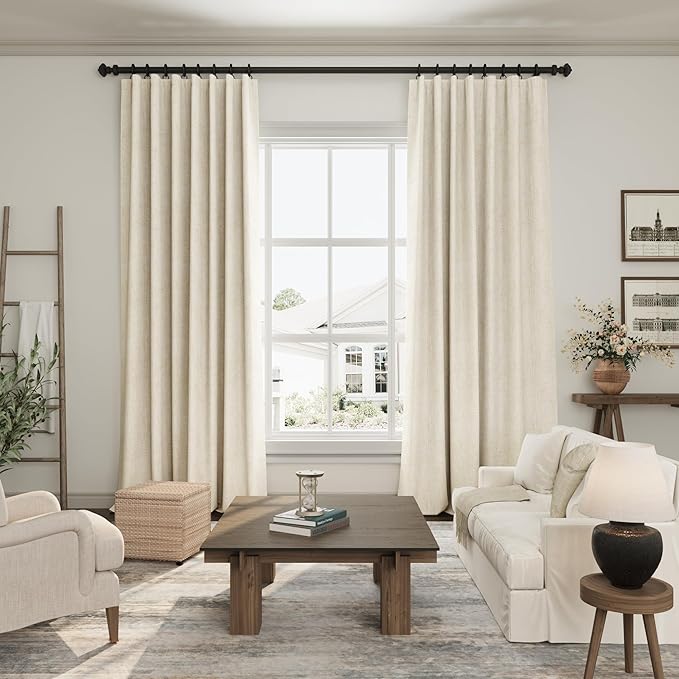Beige Blackout Linen Curtains 92 inch Length 2 Panels for Living Room Oatmeal Pleated Black Out Drapes Farmhouse Rustic Room Darkening Total Blackout Window Curtain Panels Bedroom 92 inches Long