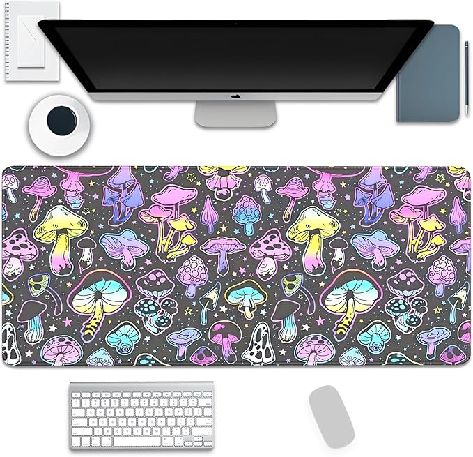 Colorful Mushrooms Mouse Pad,Large Extend Mousepad Desk Pad with Stitched Edges,Non-Slip Waterproof Rubber Base Mouse Mat Desk Mat for Office Computer Keyboard Laptop Home(27.5x11.8 in)