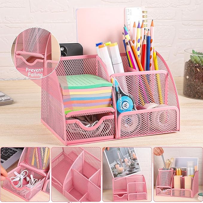 Pink Mesh Pen Holder and Organizer Office Supplies with 7 Compartments, Desktop Organizer with Drawer, Metal Pen Holder for Desk, ‎9.1" x 5.9" x 5.5''