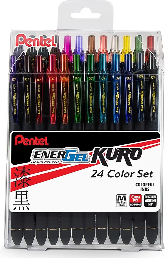 EnerGel Kuro Liquid Gel Pen, (0.7mm) Medium line, Assorted Ink, 24-pk