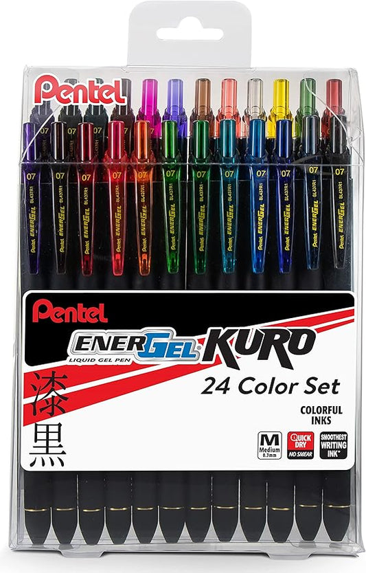 EnerGel Kuro Liquid Gel Pen, (0.7mm) Medium line, Assorted Ink, 24-pk