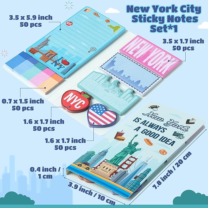 B1ykin Sticky Notes Set - Cartoon Theme Cute Self-Stick Notes Pad Teacher Appreciation Gifts， Self-Adhesive Writing Memo Pages Sticky to Do Notepad for Kids Employee School Office (New York City)