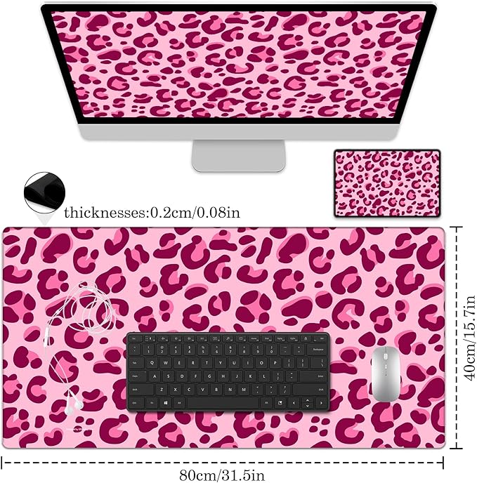Pink Leopard Desk Pad Protector, Stitched Edges Mouse Pad, Large Office Desk Mat, Non-Slip Desk Blotter, Laptop Desk Pad, Desk Writing Pad for Office and Home (31.5" x 15.7 ")