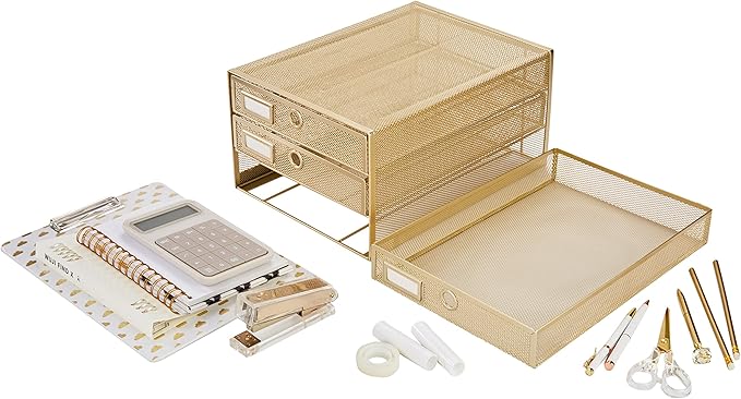 Annova Desk Organizer Wire Mesh 3 Tier Sliding Drawers Paper Sorter/Multifunctional/Premium Solid Construction for Letters, Documents, Mail, Files, Paper, Kids' Art Supplies (Gold)