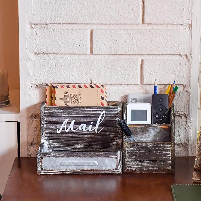 Farmhouse Mail Organizer Countertop Letter Sorter Caddy 2 Tier Rustic Mail Tray Wooden Mail Holder File Organizer Bill Paper Folder Office Desk Accessories Rustic Office Supplies Home Decor