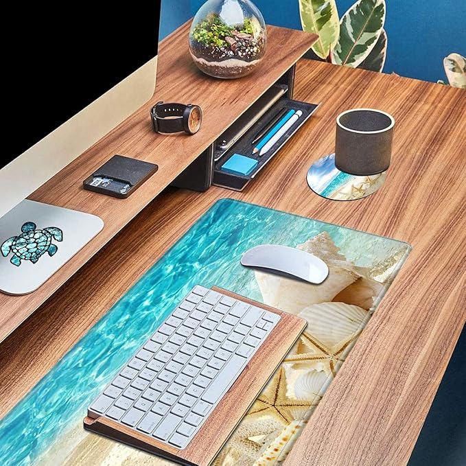 Big Desk Pad (31.5 X 11.8 Inch) Desk Mat Accessories for Women Men Desk Protector Extended Mouse Pad for Office/Home Accessories Writing Pad for Top of Desks +Cup Coaster, Beach Shells