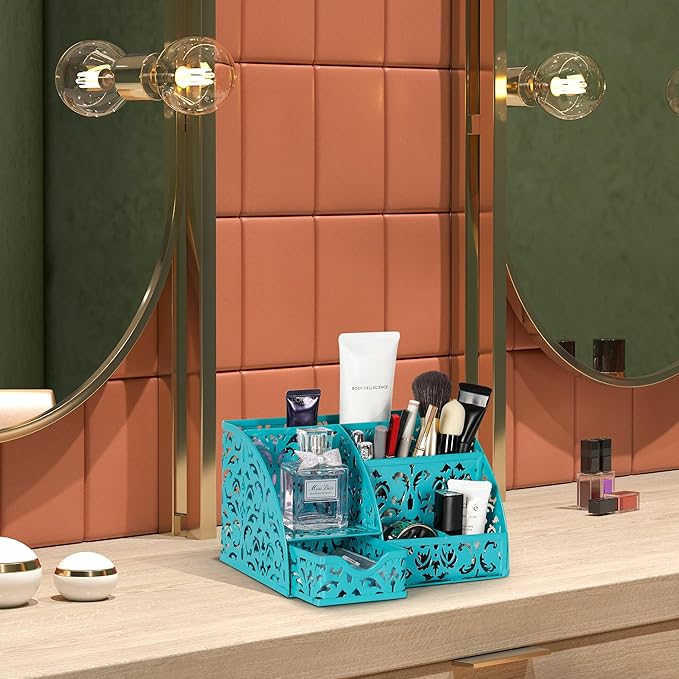 EasyPAG Pen Holder Desk Organizer with Drawer Pencil Cup for Desk 6 Compartments Metal Office Caddy Storage with Sticky Notes Holder for School Home Office, Dark Teal