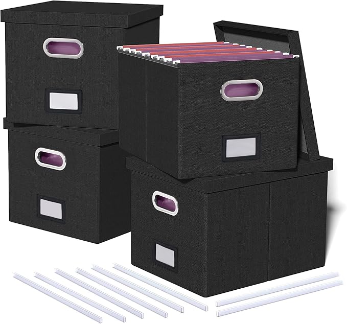 4 Pack File Storage Organizer, Document Organizer, Portable File Box with Lid, Fit for Letter/Legal File Folder Storage,Black-Box only