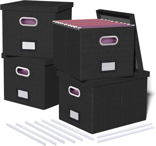 4 Pack File Storage Organizer, Document Organizer, Portable File Box with Lid, Fit for Letter/Legal File Folder Storage,Black-Box only