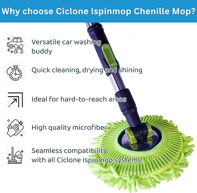 CICLONE ISPINMOP Spin Mop and Bucket P SS 003 with 1 Floor Brush and 1 Chenille Car Wash Mop for Home & Office Cleaning -360 Rotating Mop Spinner and Bucket with 61'' Stainless Steel Mop Handle