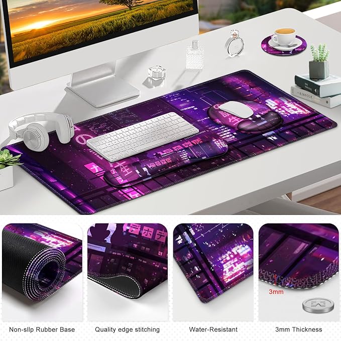 Gaming Mouse Pad, Large Desk Mat, Cute Desk Pad, 4in1 XXL Mousepad + Keyboard Wrist Rest+Mouse Wrist Rest+Coaster Set with Ergonomic Desk Pad for Home Office Table Computer, Purple Anime Neon