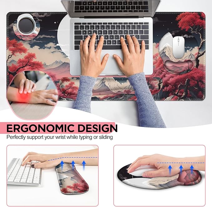AIMSA Keyboard Mouse Pad Wrist Rest Set, Large Gaming Mouse Desk Pad with Wrist Support Ergonomic Design, 4 in 1 Mousepad for Home Office, Sakura Snow Mountain