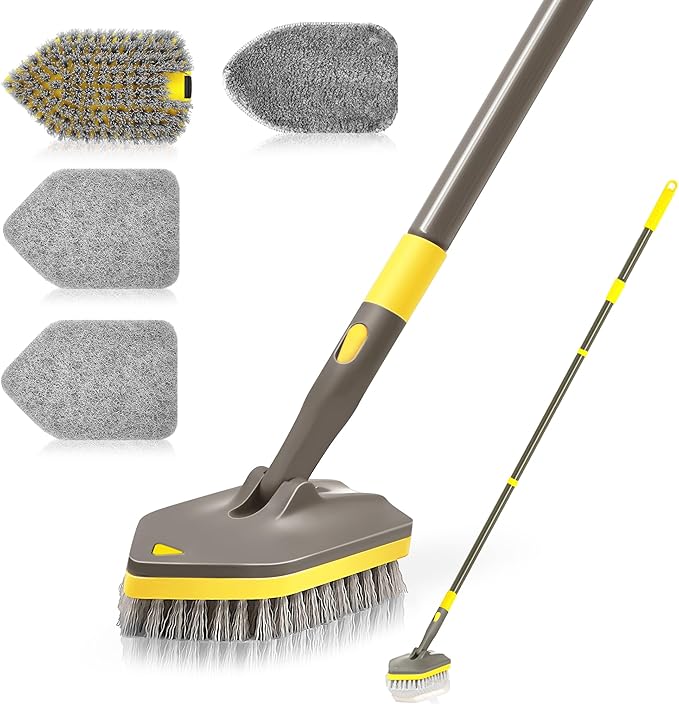 NEWE Shower Cleaner Brush, Tub Tile Scrubber with Telescopic Long Handle 56 inches, 4 Scrub Heads for Cleaning Bathroom Bathtub Floor Baseboard Sink Kitchen Toilet (Brown Yellow)