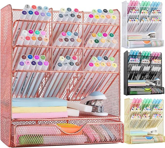 Spacrea Pen Holder Desk Organizer - Desk Organizers and Accessories, Pencil Holder with 10 Compartments and 1 Drawer（Rose Gold）