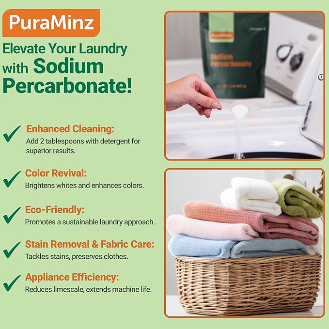 Premium Sodium Percarbonate - 2 Pounds - Oxygen Bleach/Solid Hydrogen Peroxide. Color-Safe Stain & Grime Remover, Multi-Use Cleaner for Home & Laundry- Packed in Durable Resealable Packaging.