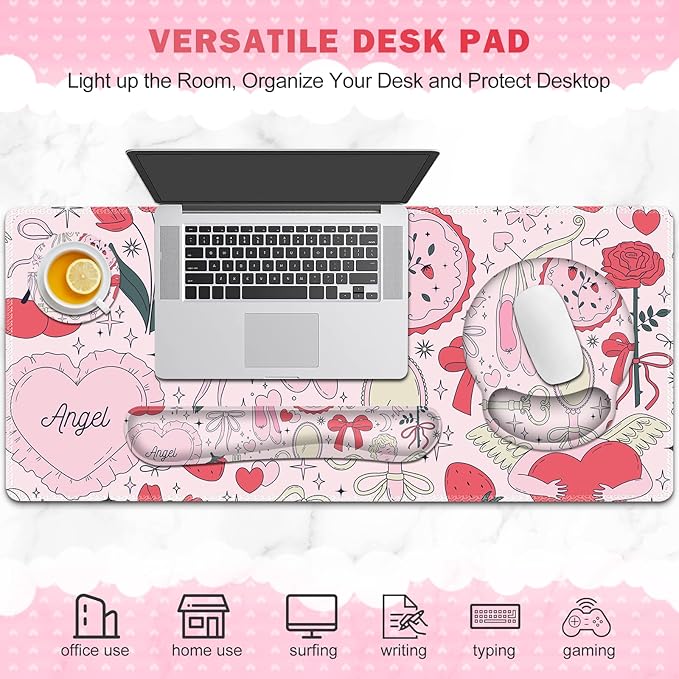 Gaming Mouse Pad, Large Desk Mat, Cute Desk Pad Protector, 4in1 XXL Mousepad + Keyboard Wrist Rest+Mouse Wrist Rest+Coaster Set with Ergonomic Desk Pad for Home Office Computer, Adorable Rose Bow