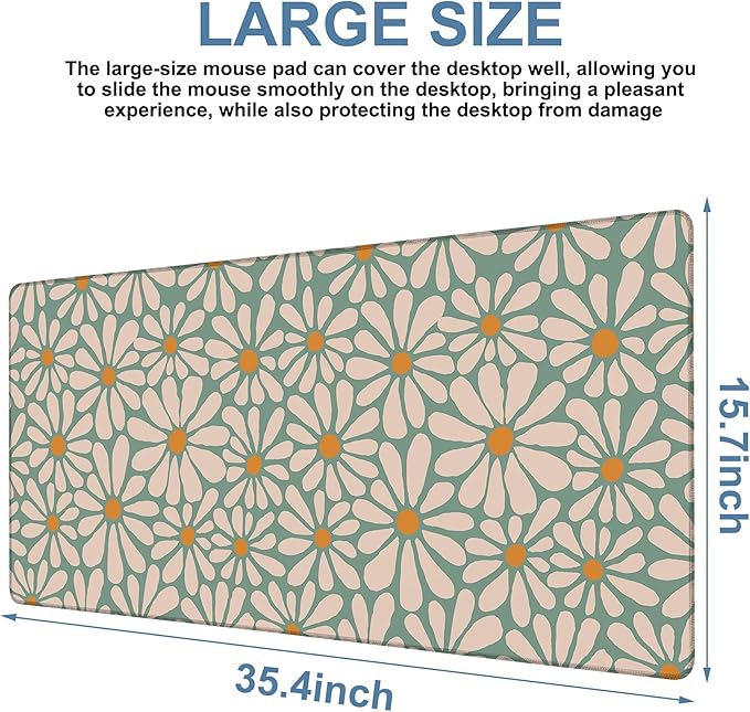 Retro Daisy Flowers Gaming Mouse Pad 3mm Thick Stitched Edge Waterproof Non-Slip Large Computer Keyboard Mouse Mat,Suitable for Office Entertainment Decorative Desk Pad 35.4 x 15.7 Inches