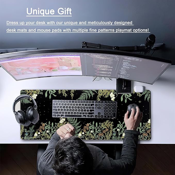 Green Tropical Leaves Desk Mat Black Mouse Pad Cute Anime Moon Deskmat, Women Office Decor Computer Laptop Keyboard Mouse Mat, XL Large Gaming Mousepad Desk Pad with Stitched Edge 31.5''x11.8''