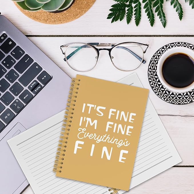 XPH Funny Yellow Spiral Notebook, It's Fine I'm Everything Is Fine Journaling Notebooks for Women Men, Humorous Hardcover Journals for Office 160 Pages 5.5 x 8.3 Inch, Sarcastic Gifts for Coworkers
