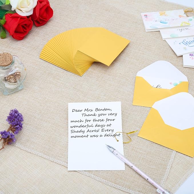 100 Pack 4 x 2.75'' Mini Envelopes Metallic Gold 120GSM Gift Card Envelopes Bulk Small Paper Gift Card Sleeves Greeting Card Business Card Tiny Envelope Pockets for Card & Invitation