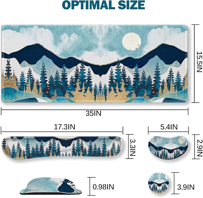 ARTSO Large Gaming Mouse Pad Set, Keyboard Wrist Rest Support + Mouse Wrist Cushion + Extended Mousepad + Coaster, 35x15.5in Multifunctional Desk Mat, Abstract Mountain