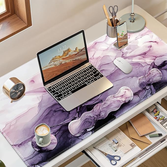 Gaming Mouse Pad Keyboard Wrist Support, 4 in1 Mousepad Set with Wrist Keyboard Rest, Computer Desk Mat, Non-Slip Desk Pad Protector with Memory Foam Easy Typing Pain Relief I Purple Marble