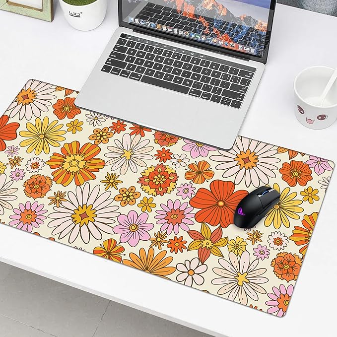 Orange Daisy Desk Protector, Stitched Edges Flower Mouse Mat, Large Office Mat, Non-Slip Blotter, Laptop Desk Pad, Floral Writing Pad for Office and Home (31.5" x 15.7")