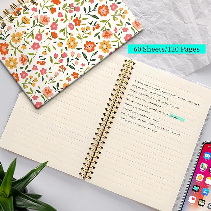 Spiral Notebook Journal for Women Men, A5 Hardcover Journal, 120 Pages Thick Paper, College Ruled Writing Notebook for School, Work & Office 8.3'' × 5.9''(Orange Flowers)