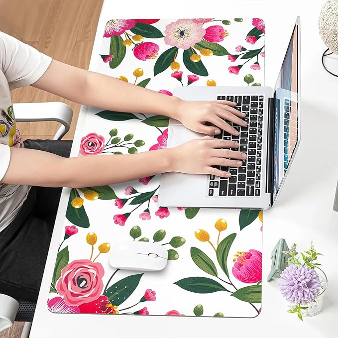 Bloss Pink Floral Desks Mat,31.5x15.7In Large Mouse Pad Cute,Anti-Slip Leather Computer Desk Pad for Keyboard and Mouse,Pink Computer Keyboard Pad Mat,Laptop Desks Protector Mat for Office/Home/Women