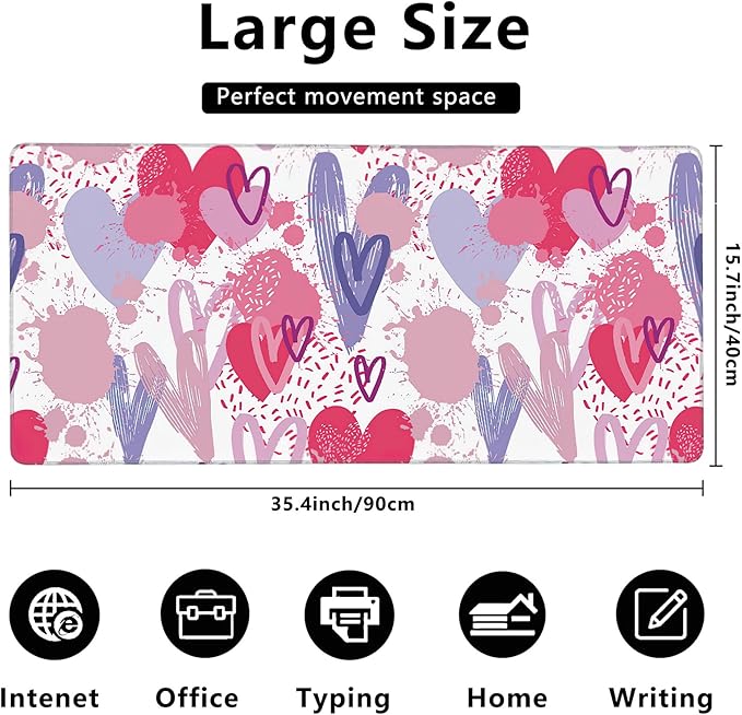 MIOAOSRT Desk Mat,Pink and Violet Hearts Gaming Mouse Pad,XXL Extended Mouse Pad Mat for Office,Computer,Keyboard with Non-Slip Base Stitched Eges Mousepad 35.4x15.75 inch