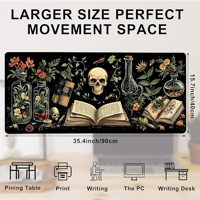 Gaming Mouse Pad, Dark Academy Green Plant Skull Large Desk Mat for Keyboard and Mouse,Non-Slip Rubber Base and Stitched Edges Desk Pad for Home Office 35.4x15.7in