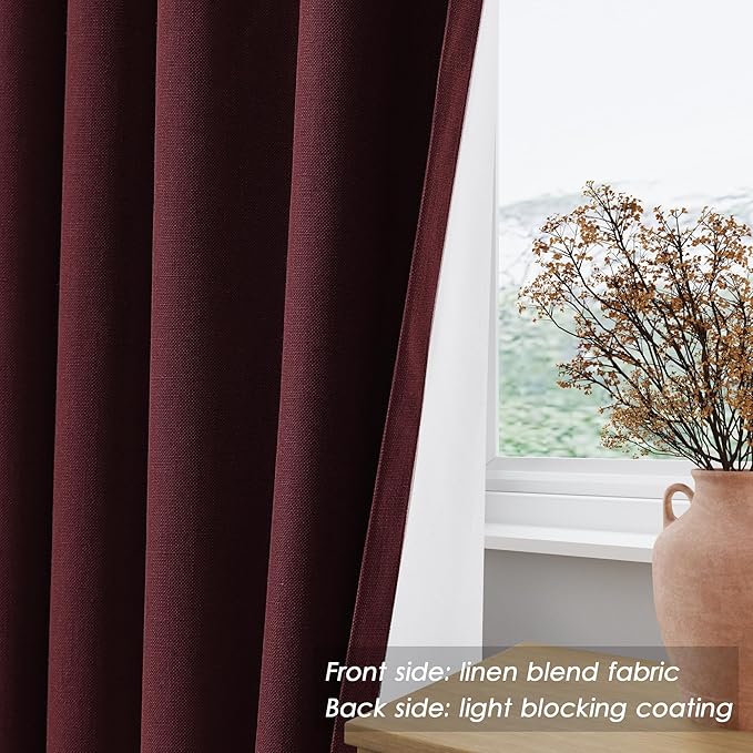 Nanspring Burgundy Linen Blackout Curtains 108 Inches Long Loop Pocket Rod Pocket Flax Linen Sound Absorbing Light Blocking 2 Panels Set for Dining Room Modern Urban Curtains Drapes 52x108