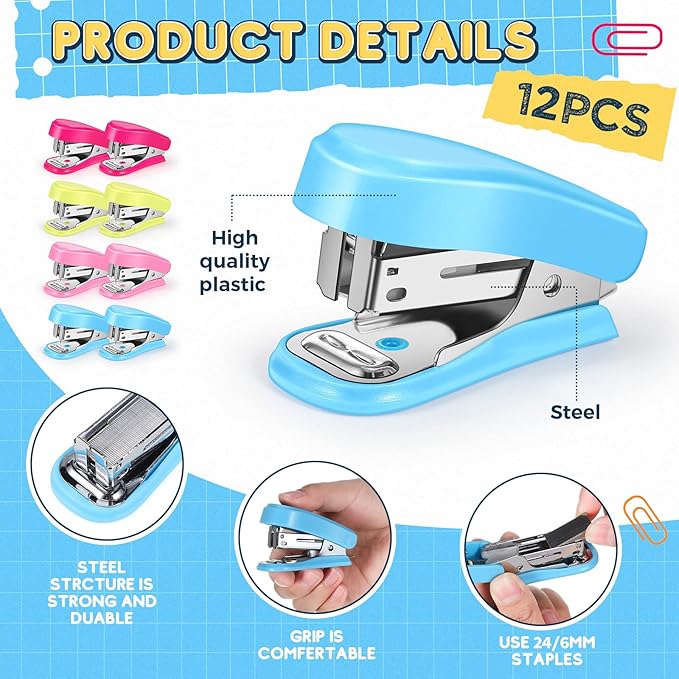 Ctosree 12 Pcs Mini Stapler Bulk with Boxes Staples Pink Small Staplers Set Built in Staple Remover, Cute Hand Held Desk Gifts for Back to School Office Supplies, 3 Colors