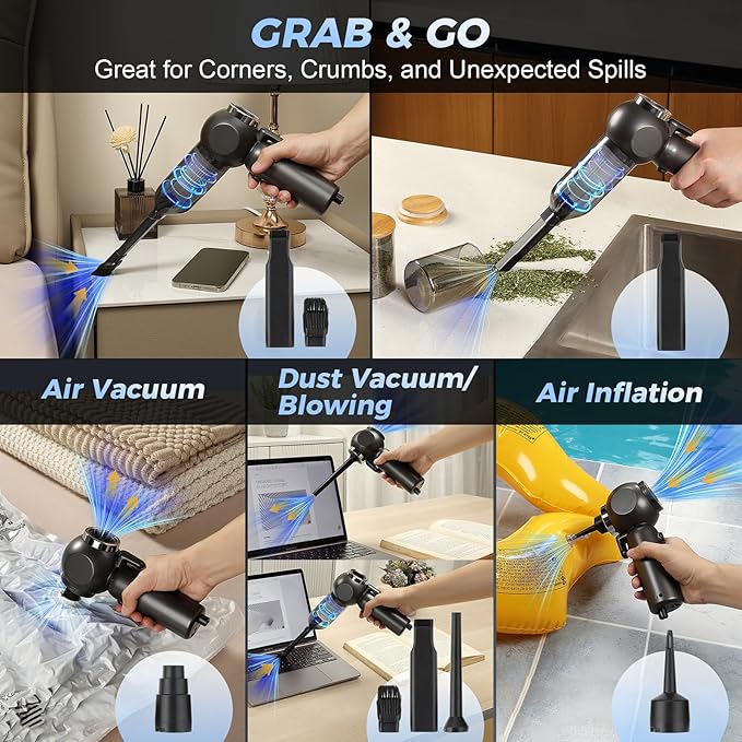 Handheld Car Vacuum Cleaner, 6 in 1 Multi-Function Cordless Small Vacuum, 17000PA Adjustable Portable with Brushless Motor for Inflation, Dust Blowing, Suction for Car, Home, Office– All in One