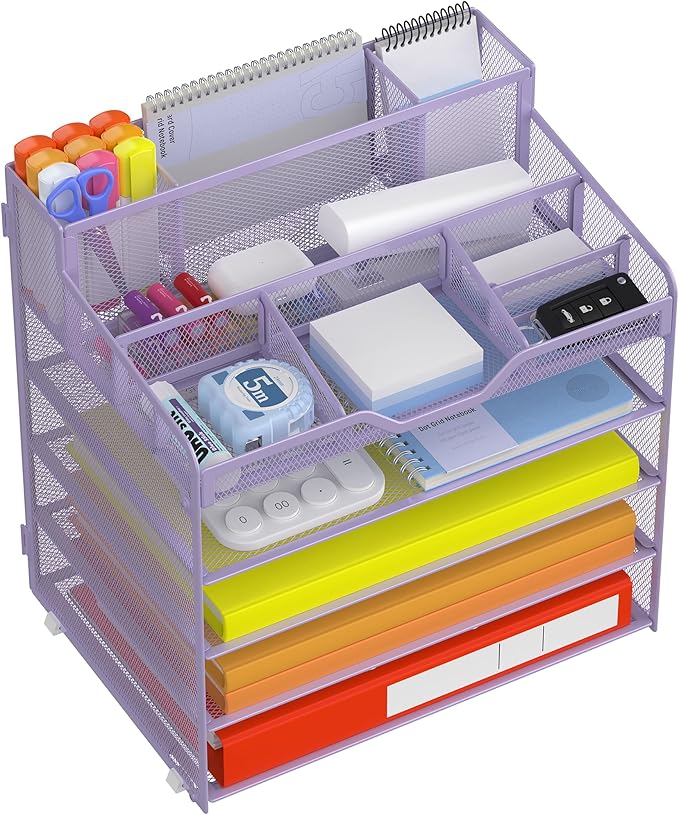 Docnest 5 Tier Mesh Desk Organizer for Paper Office Supplies – Multi-Functional Letter Tray with 5 Adjustable Compartments, 3 Pen Holders, Desktop Storage for Files, Mail, Stationery – Purple
