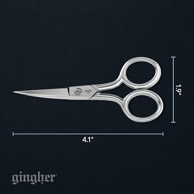 Gingher Curved Embroidery Scissors, 4" Premium Forged Steel Shears, Sharp Knife Edge Sewing Scissors for Precise Cuts of Thread, Yarn, and Needlework, with Protective Sheath, Ambidextrous Design