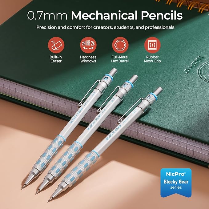 Nicpro 3 Pack Blocky Gear 0.7 mm Metal Mechanical Pencils Set with Case, Lead Drafting Pencil with 8 Tube (480PCS) Lead Refills(HB 2B), 4 Erasers, 18 Eraser Refills for Art Writing, Sketching Drawing