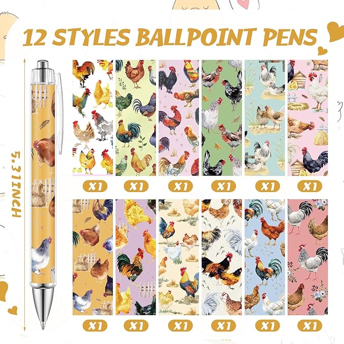 24 Pcs Chicken Sticky Notes with Pens Themed Gifts Self Adhesive Notepad Cute Memo Notes Pads Black Ink Ballpoint Pen for Chicken Lover Gifts Office School Students Teacher Supplies