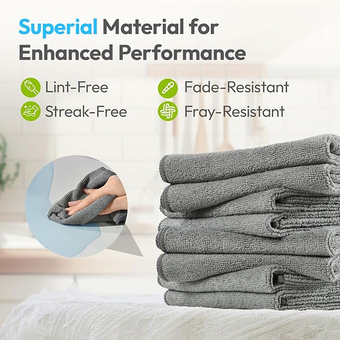 Microfiber Cleaning Cloths 12”x12” 24Pack Grey Lint Free Kitchen Cloths - Extra Thick, Streak-Free, Lint-Free, Fast Absorbent - Reusable Multi-Purpose Housekeeping Rags for Cars, Dishes, Floors, Tiles