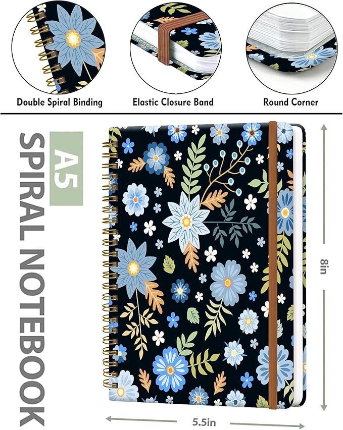 Spiral Journal Notebook for Women, Hardcover A5 College Ruled Notebook, 120 Pages, Thick Paper, Cute Lined Journal for School, Office & Work, 6 x 8.4 in(Blue Garden Flower)