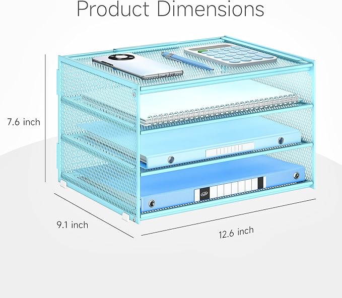 Lavatino 3-Tier Letter Tray Desk Paper Organizer – Blue Mesh Metal File Tray Organizer for Desk, Office Supplies & Home Organization | Fits A4/Letter Paper, Mail, Magazines and Office Accessories
